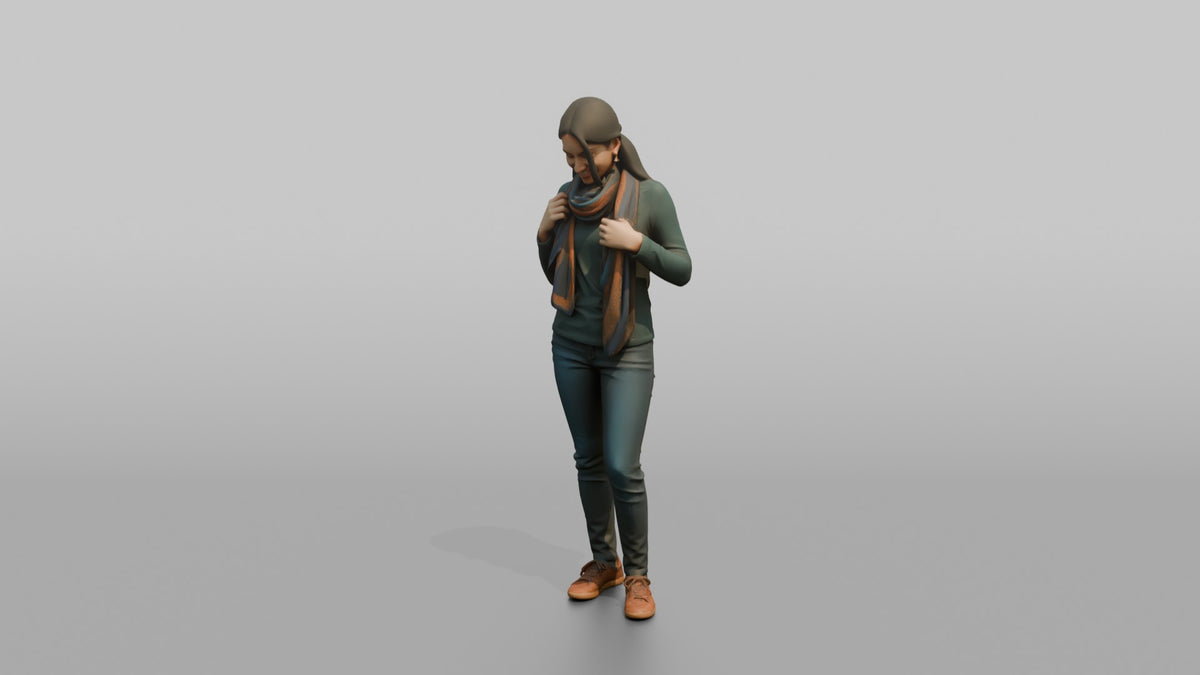 Woman Customer Trying A Scarf Around Her Neck - 3D character model, view 4