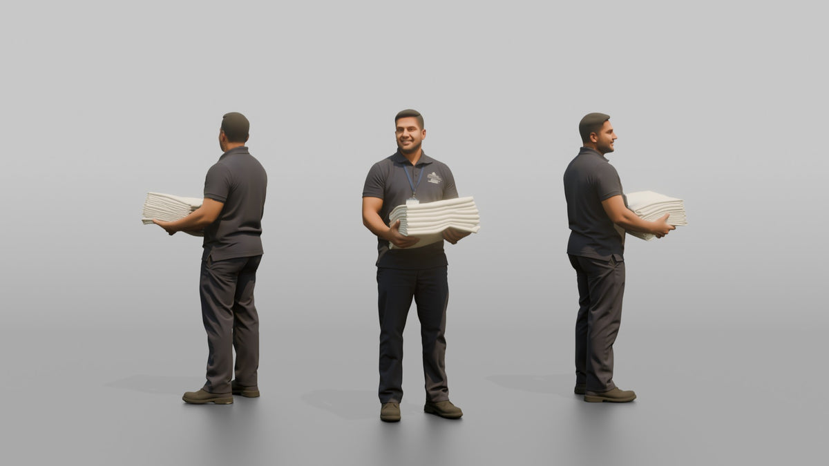 Housekeeping Staff Man Carrying A Stack Of Clean Bedsheets - 3D character model, view 1