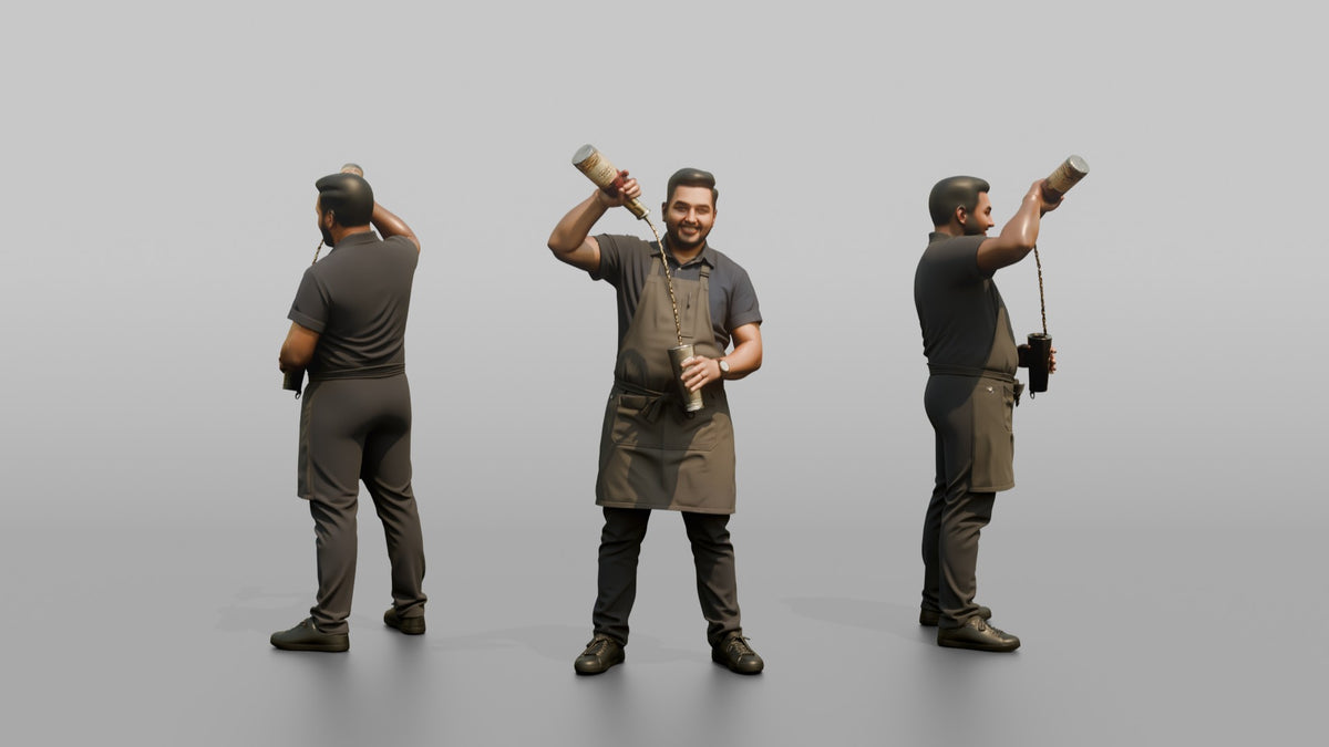 Bartender Man Holding A Bottle Up, Mid-pour - 3D character model, view 1