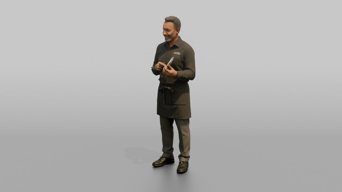 Server Man Holding A Small Notepad, Pointing At It - 3D character model, view 4