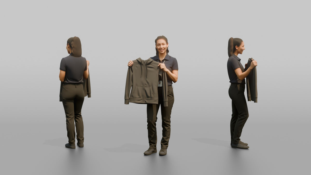 Woman Sales Associate Holding Up A Jacket For Size Comparison - 3D character model, view 1