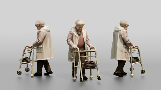 Elderly White Woman in Clear Raincoat with Walker