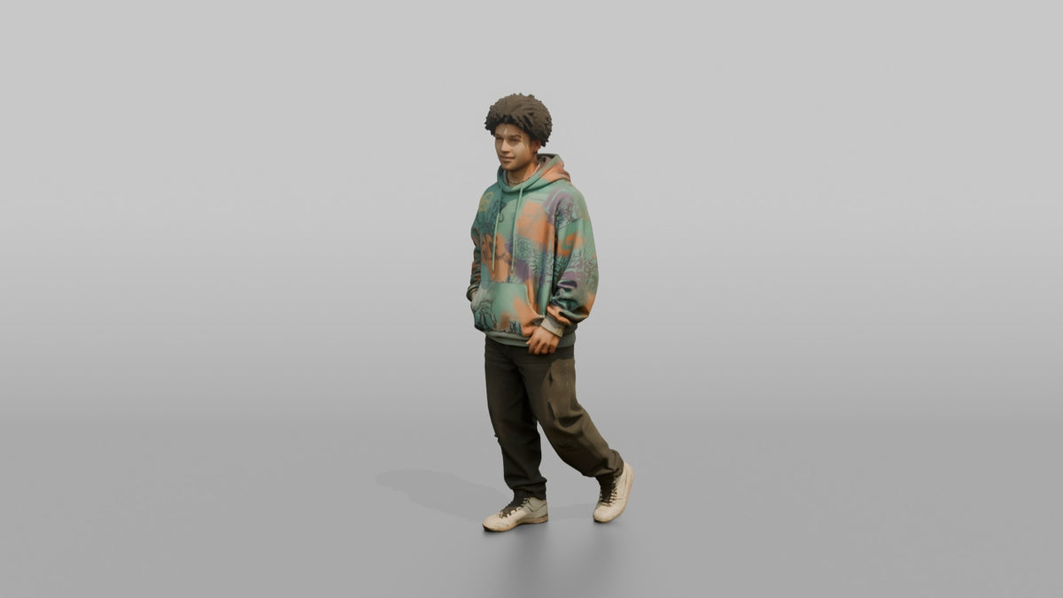 Patron Man Striking A Confident Urban Pose In An Oversized Colorful Hoodie - 3D character model, view 4