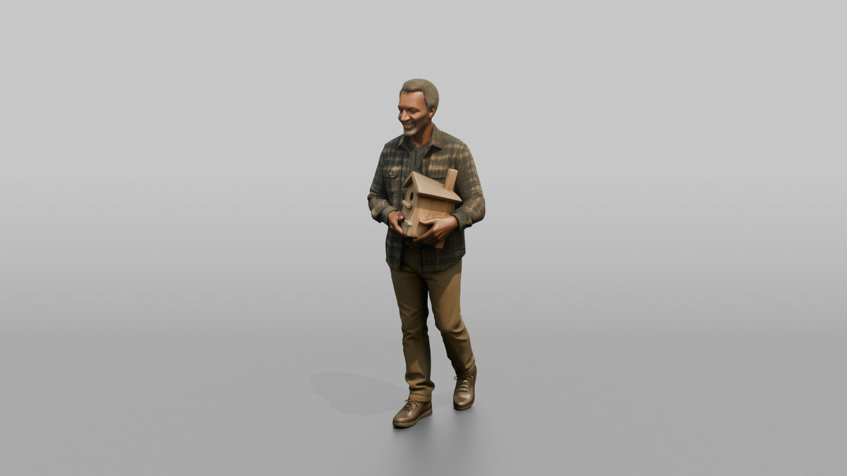 Grandfather Carrying A Small Wooden Birdhouse In Both Hands - 3D character model, view 4