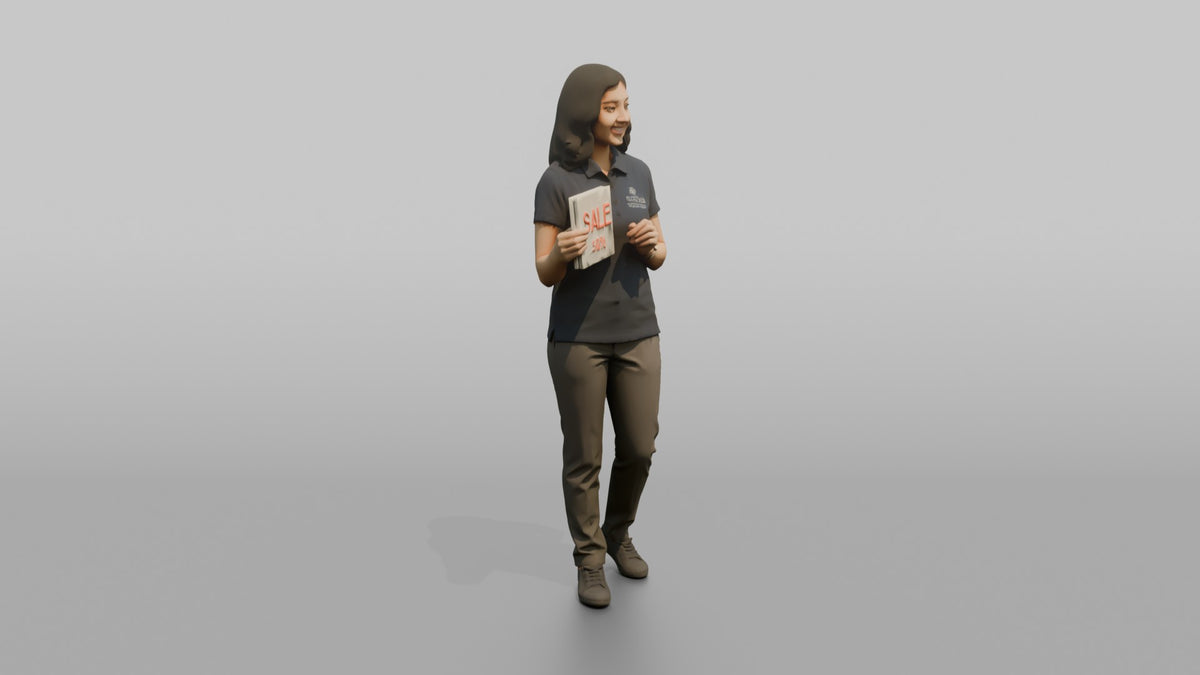 Woman Sales Associate Holding Up A Sale Sign - 3D character model, view 2