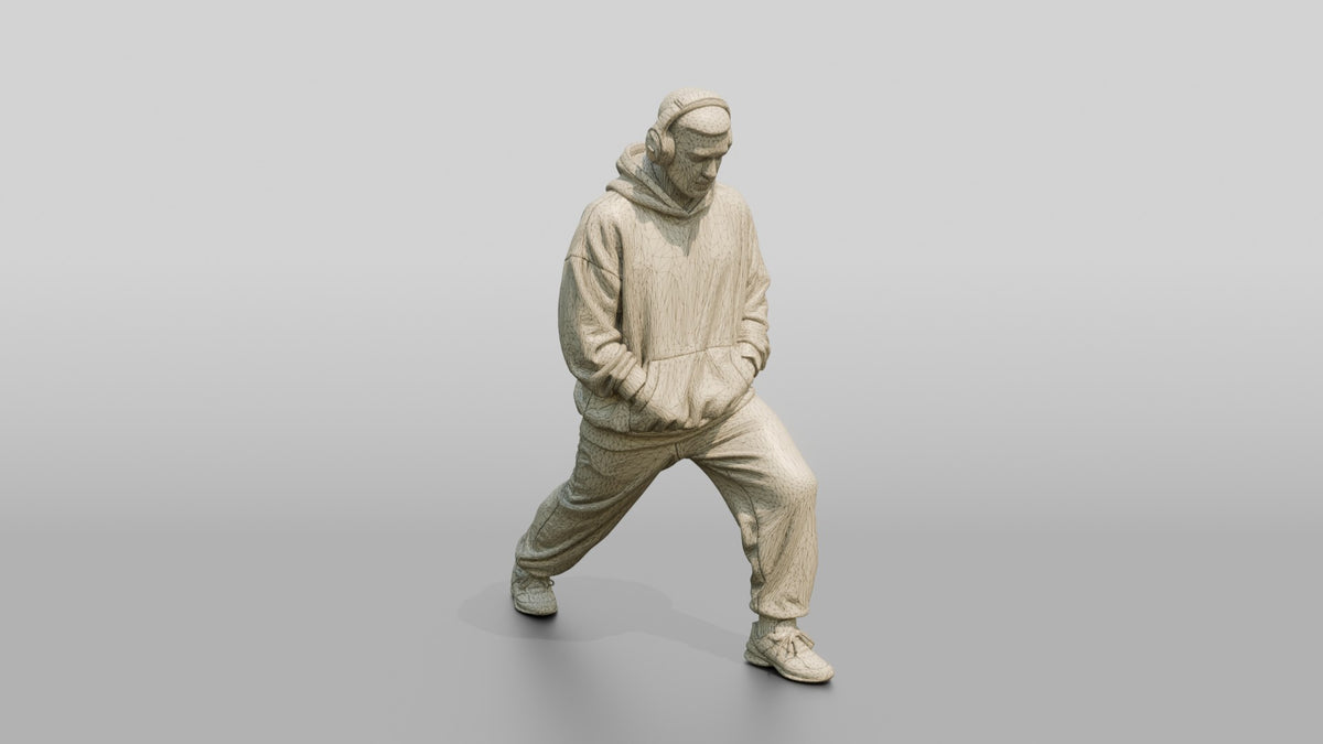 Man Stretching Calf in Hoodie - wireframe topology preview