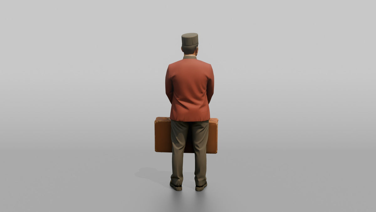 Bellhop Man Carrying A Single Large Suitcase With Both Hands - 3D character model, view 3