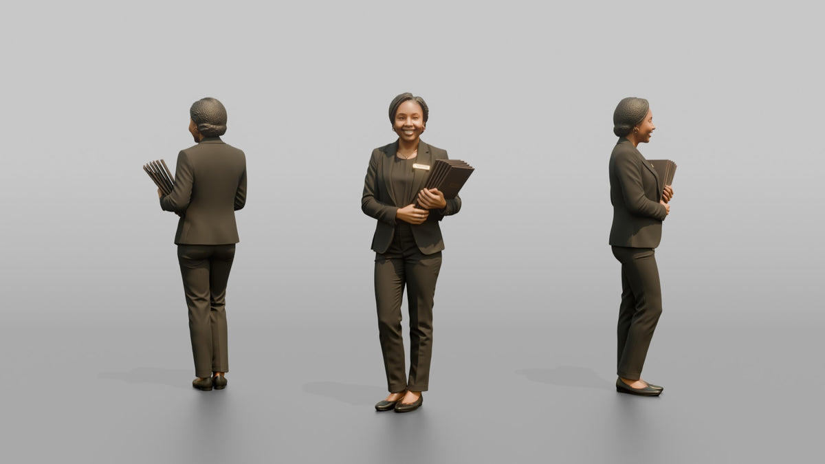 Host Man Holding A Stack Of Menus Against Their Chest - 3D character model, view 1