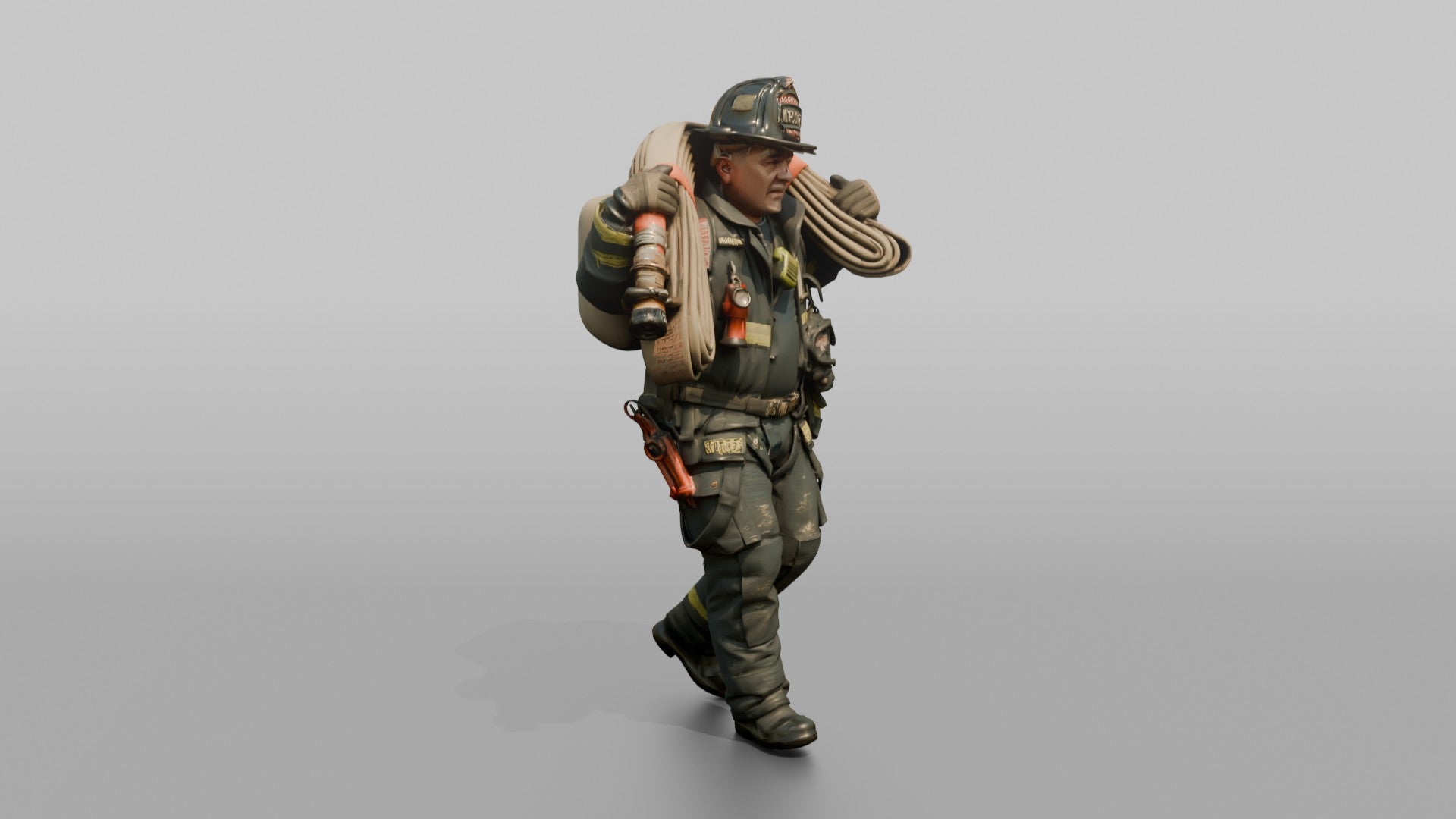 Firefighter Man Carrying a Hose Bundle on Both Shoulders