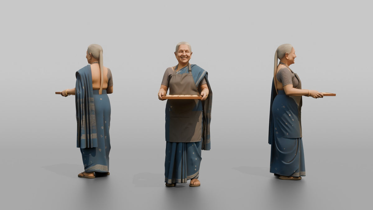 Grandmother Holding A Tray Of Freshly Baked Cookies - 3D character model, view 1