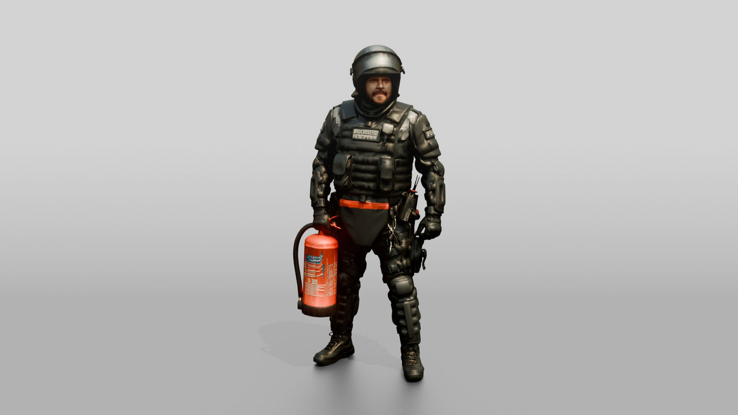 Riot Police Officer with Fire Extinguisher