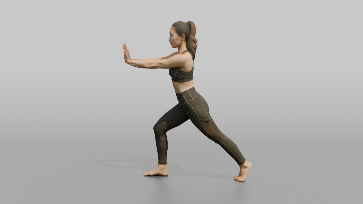 Fitness Influencer Woman Doing A Calf Stretch Against An Invisible Wall - 3D character model, view 5