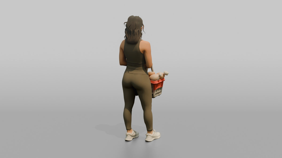 Woman Customer Holding A Shopping Basket With Both Hands - 3D character model, view 3