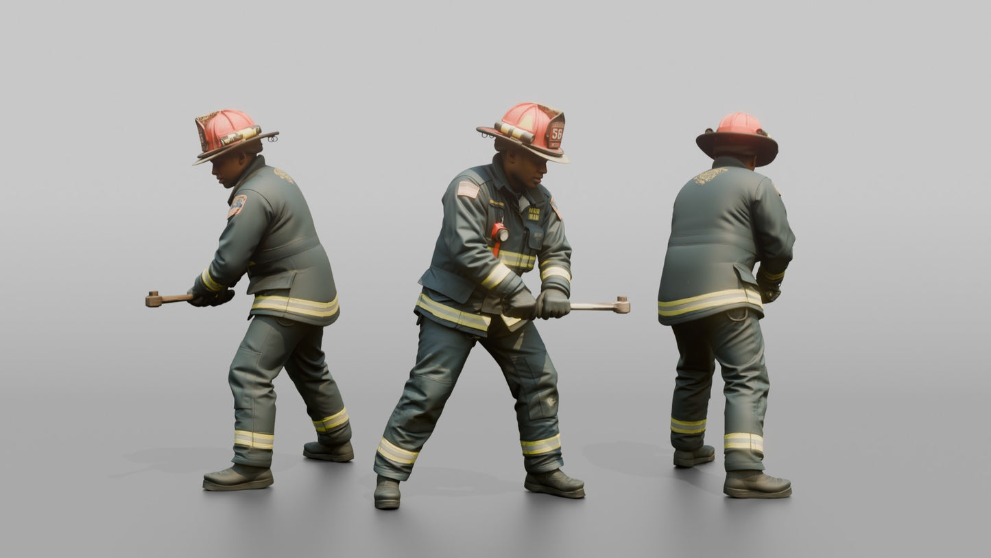 Firefighter Man Turning a Large Metal Fire Hydrant Valve Key