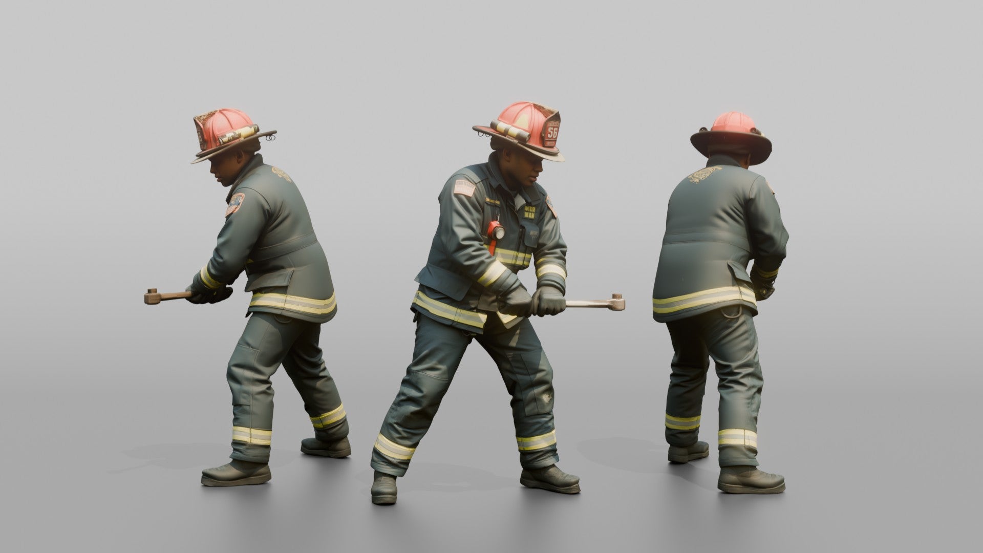 Firefighter Man Turning a Large Metal Fire Hydrant Valve Key