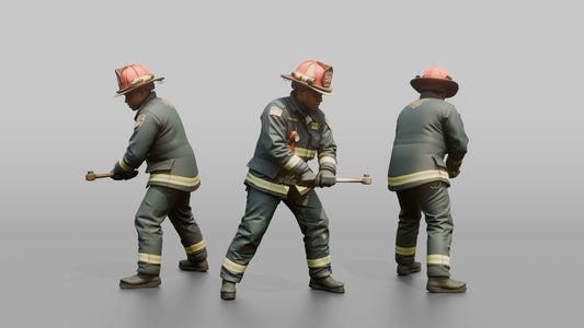 Firefighter Man Turning a Large Metal Fire Hydrant Valve Key
