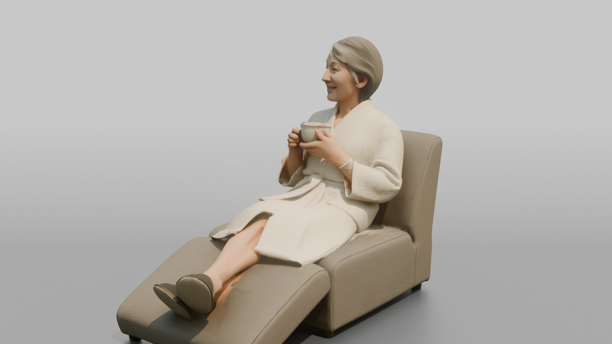 Spa Client Man Sitting On A Lounge Chair In A Robe, Holding A Cup Of Tea - 3D character model, view 4
