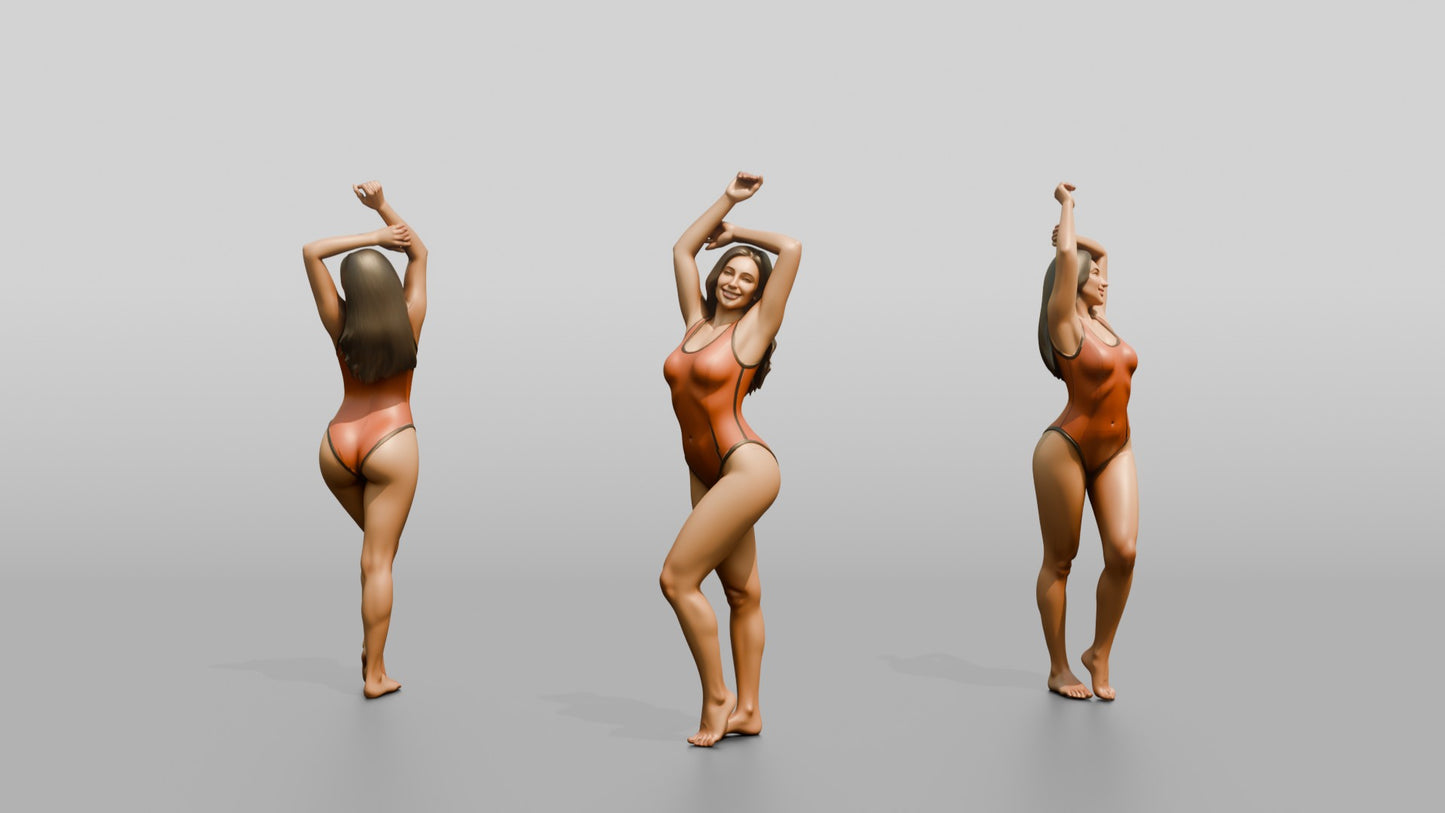 Curvy Woman in Coral One-Piece Swimsuit Arm Raised