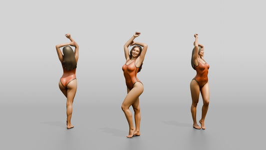 Curvy Woman in Coral One-Piece Swimsuit Arm Raised - 3D character model