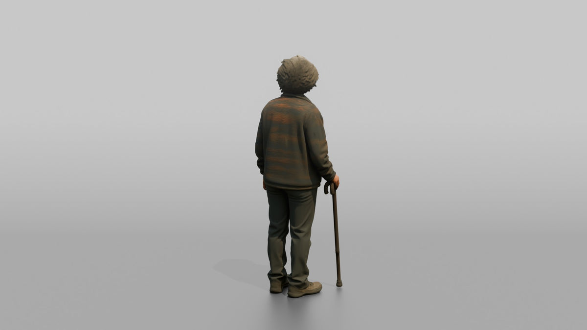 Grandmother Holding A Walking Cane, Standing Upright - 3D character model, view 3