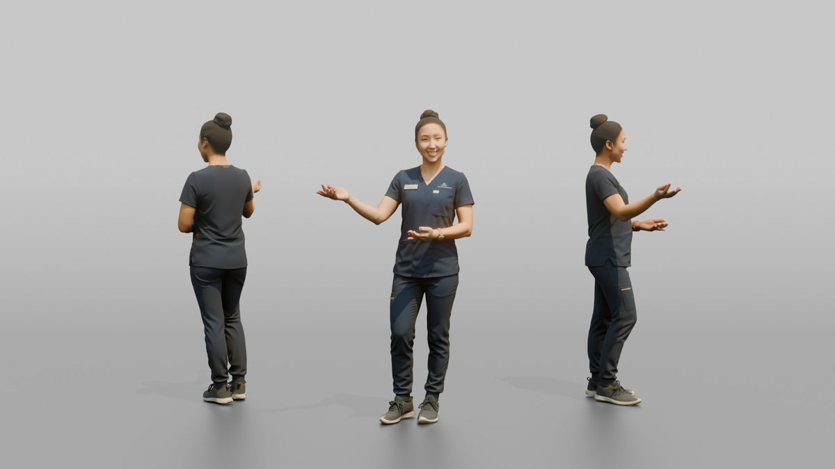 Esthetician Woman Gesturing Toward A Treatment Chair - 3D character model, view 1