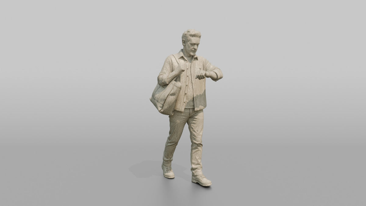 Man Customer Carrying A Large Shopping Bag Over One Shoulder While Checking His Watch - wireframe topology preview