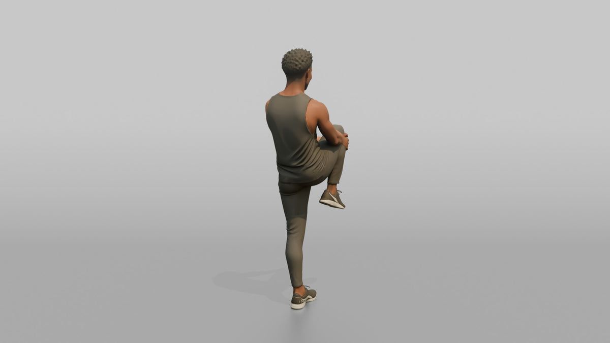 Fitness Influencer Man Doing A Standing Knee-to-chest Stretch - 3D character model, view 3