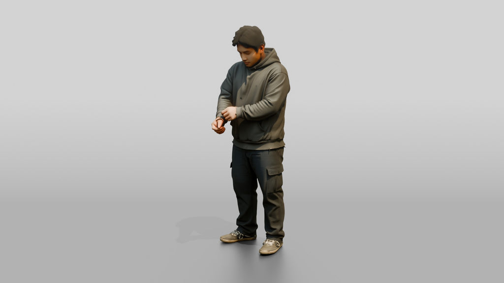 Homeless Man Adjusting His Worn Hoodie