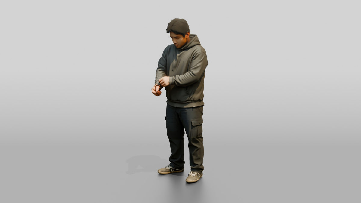 Homeless Man Adjusting His Worn Hoodie - 3D character model, view 4