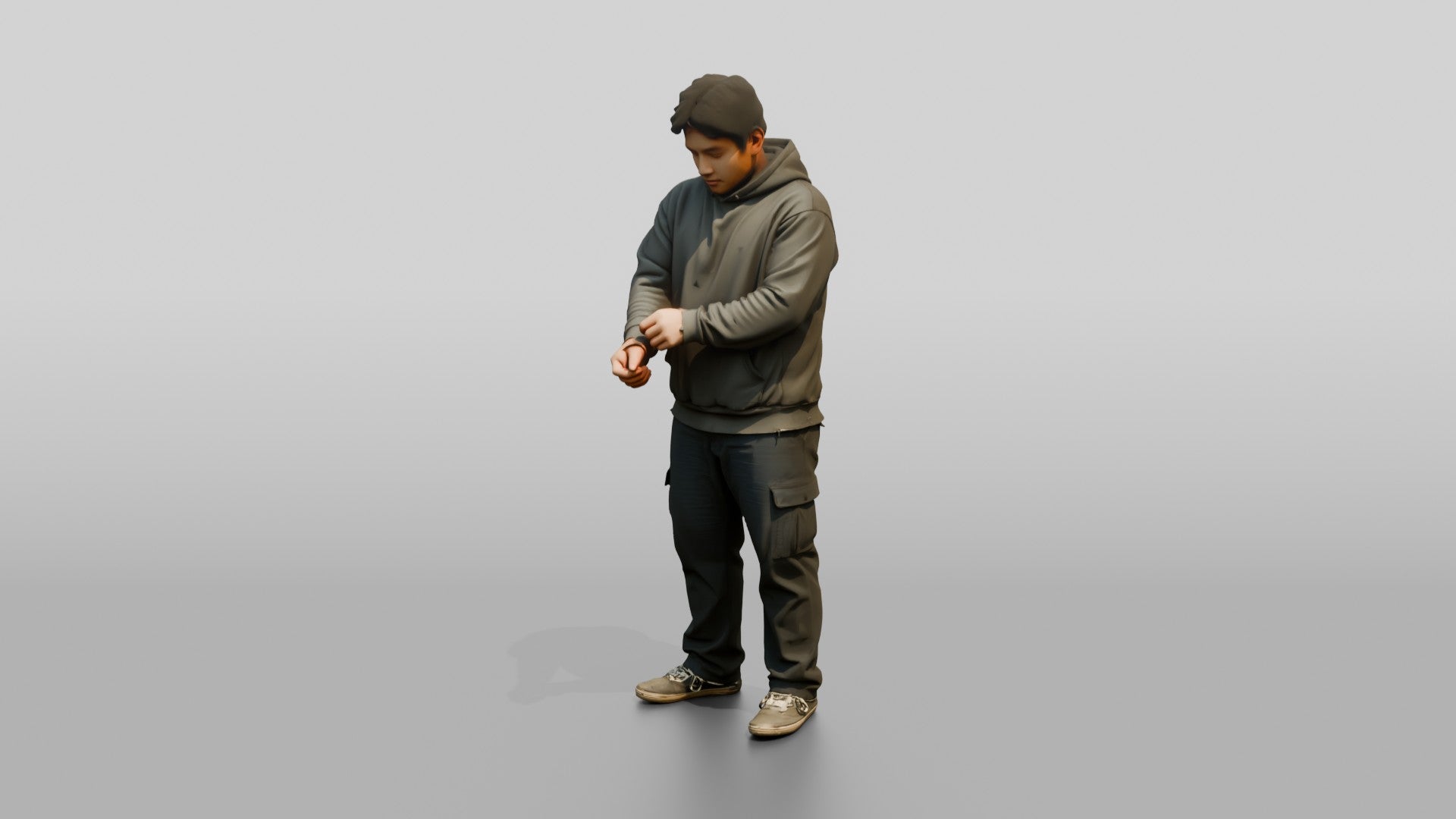 Homeless Man Adjusting His Worn Hoodie