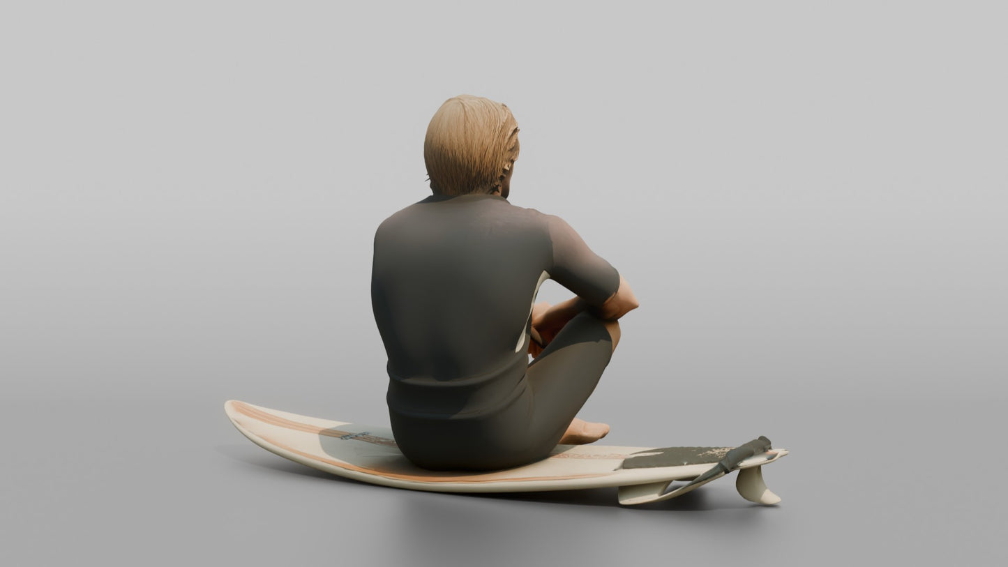 Surfer Sitting on His Surfboard