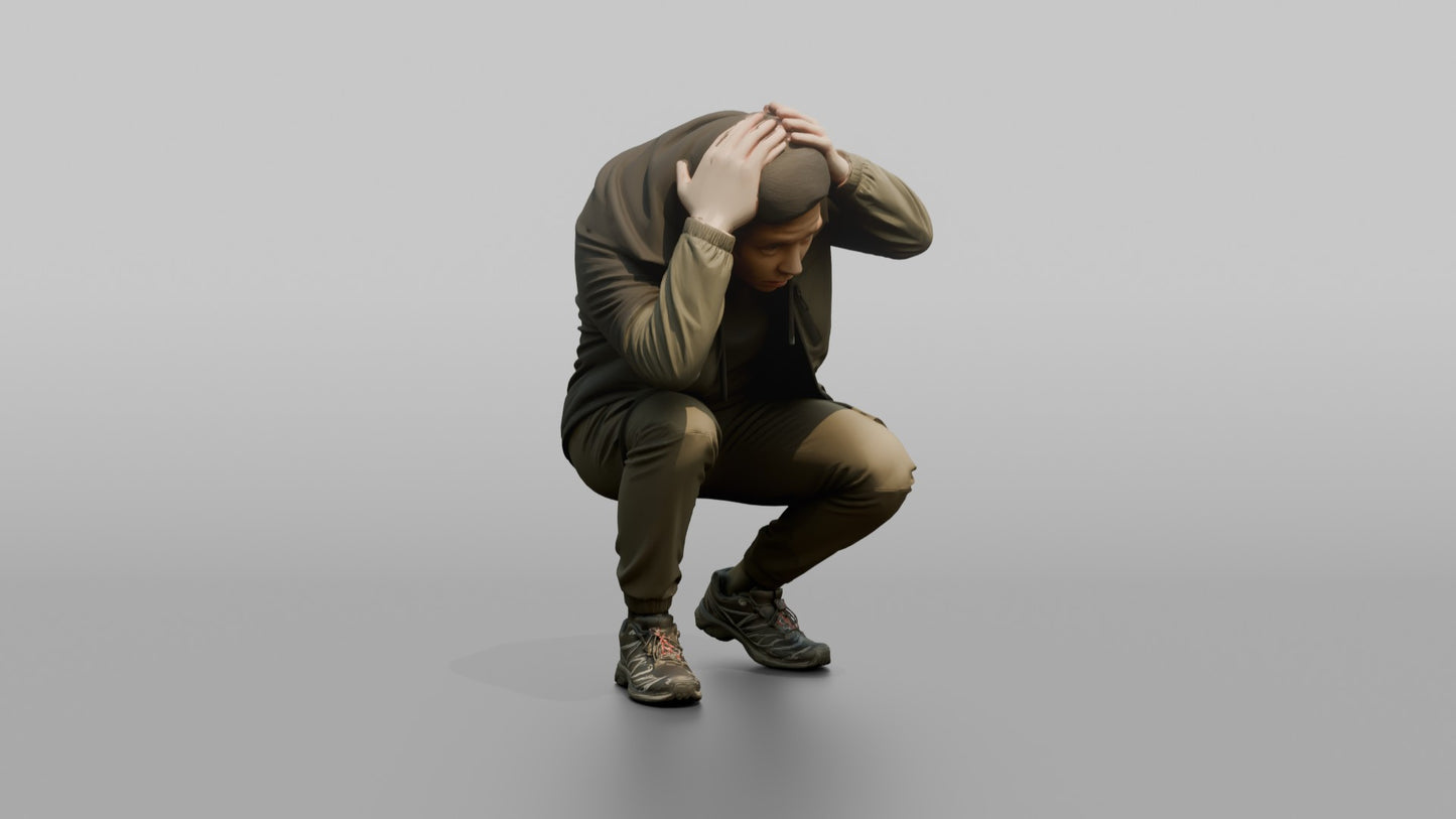 Protester Man Crouching with Hands on His Head