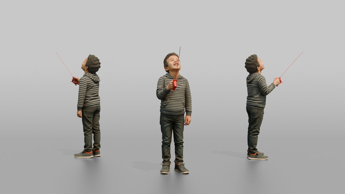 Son Holding A Kite By Its String, Looking Up - 3D character model, view 1