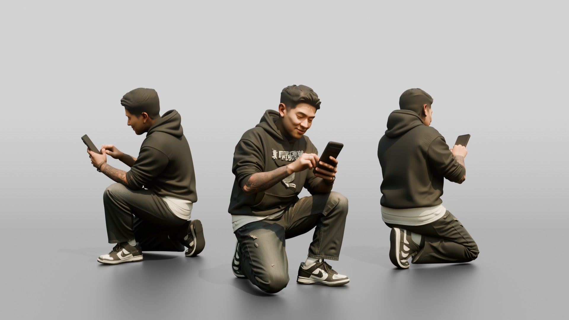 Asian Man Crouched Texting on Phone