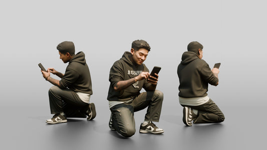 Asian Man Crouched Texting on Phone