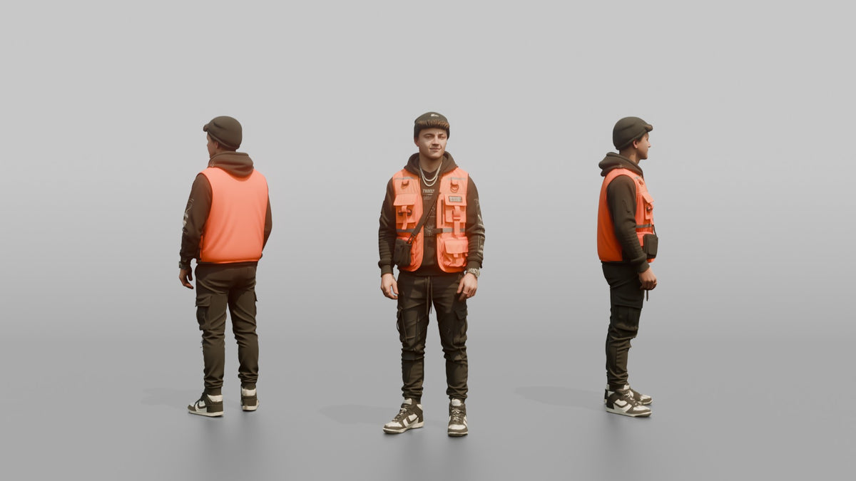 Patron Man Wearing A Bright Utility Vest Over Urban Streetwear, Confident Pose - 3D character model, view 1