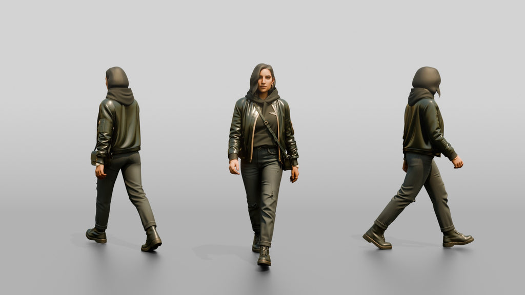 Young Woman in Olive Jacket Walking with Shoulder Bag