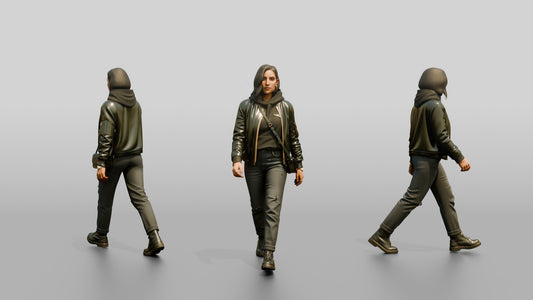 Young Woman in Olive Jacket Walking with Shoulder Bag - 3D character model