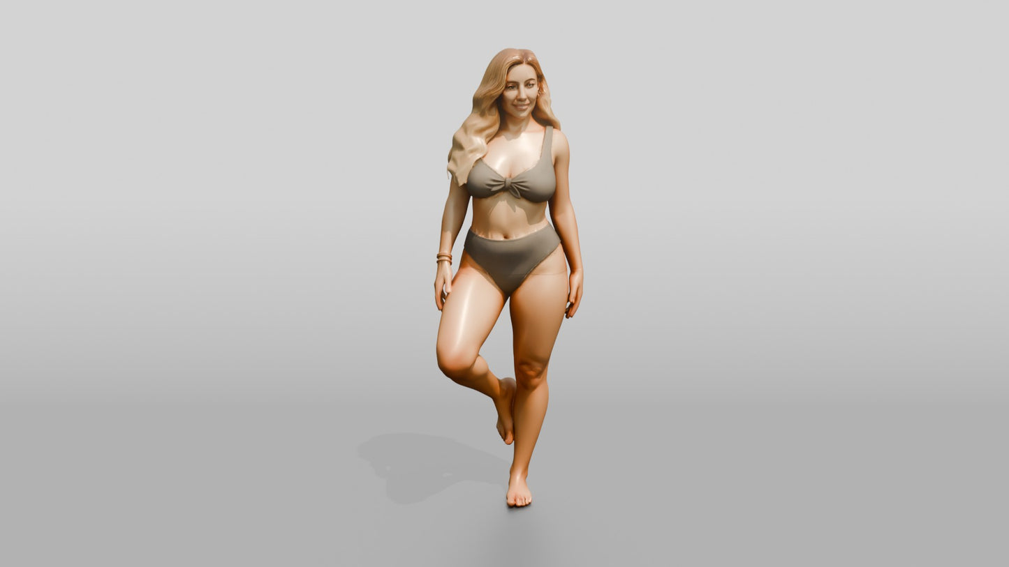 Blonde Curvy Woman in Taupe Two-Piece Swimsuit Tree Pose
