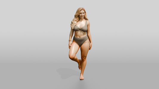 Blonde Curvy Woman in Taupe Two-Piece Swimsuit Tree Pose - 3D character model, view 1