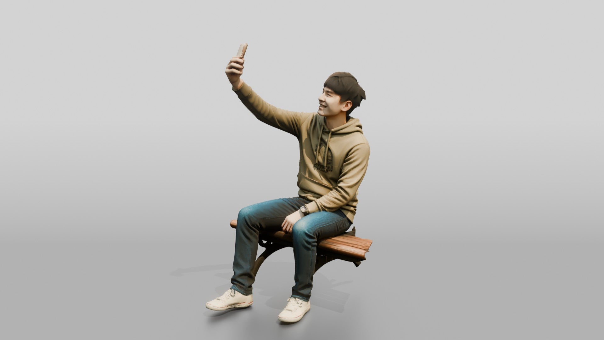 Young Chinese Man Taking a Selfie on a Bench