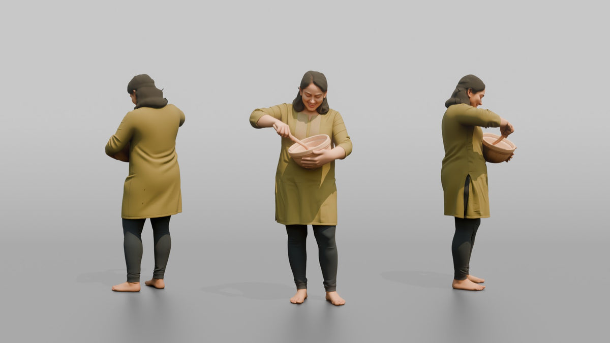 Mother Holding A Mixing Bowl And A Wooden Spoon, Stirring - 3D character model, view 1