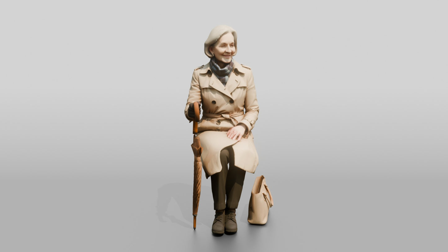 Elderly White Woman in Beige Raincoat on Bench