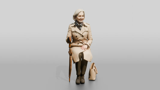 Elderly White Woman in Beige Raincoat on Bench - 3D character model, view 1