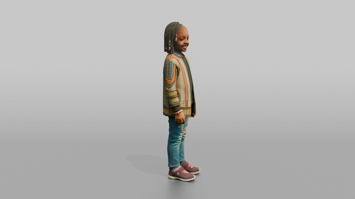 African Girl in Ankara Bomber Jacket and Jeans - 3D character model, view 2