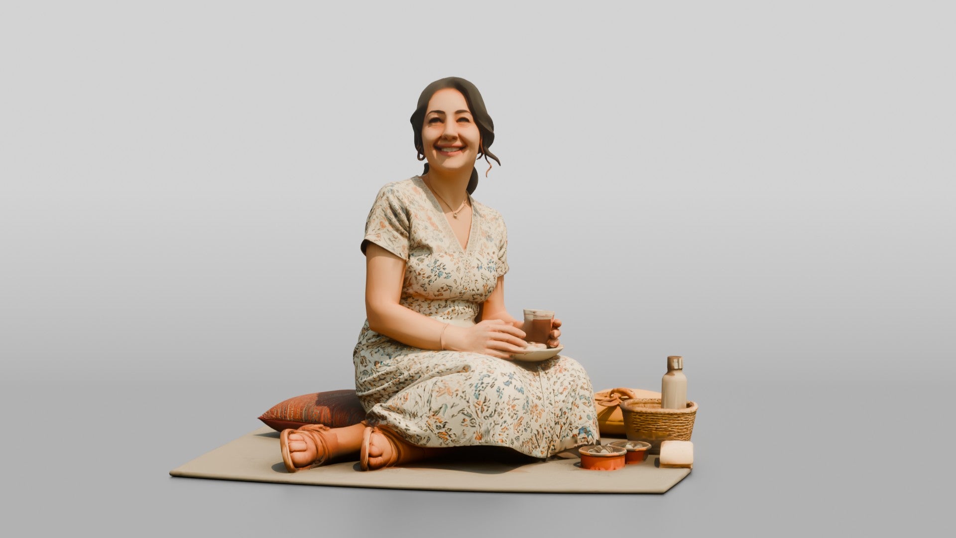 Middle-Aged Turkish Woman on a Park Picnic Blanket