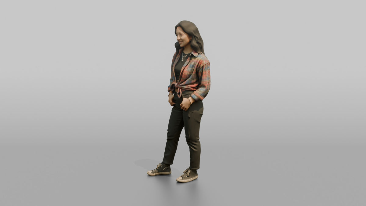 Patron Woman Wearing An Oversized Colorful Flannel Tied At The Waist - 3D character model, view 4