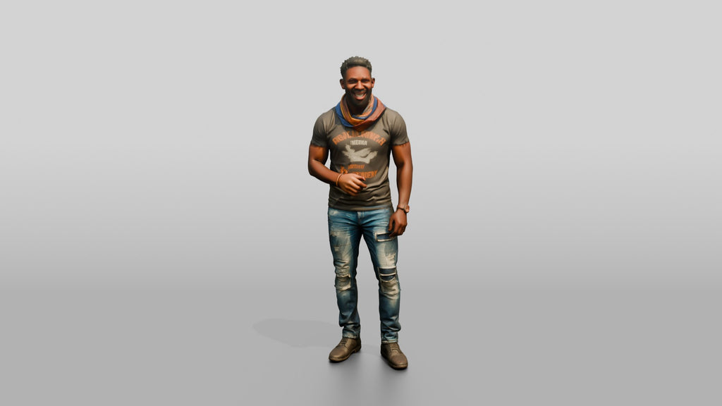 Muscular African Man Laughing in Distressed Jeans