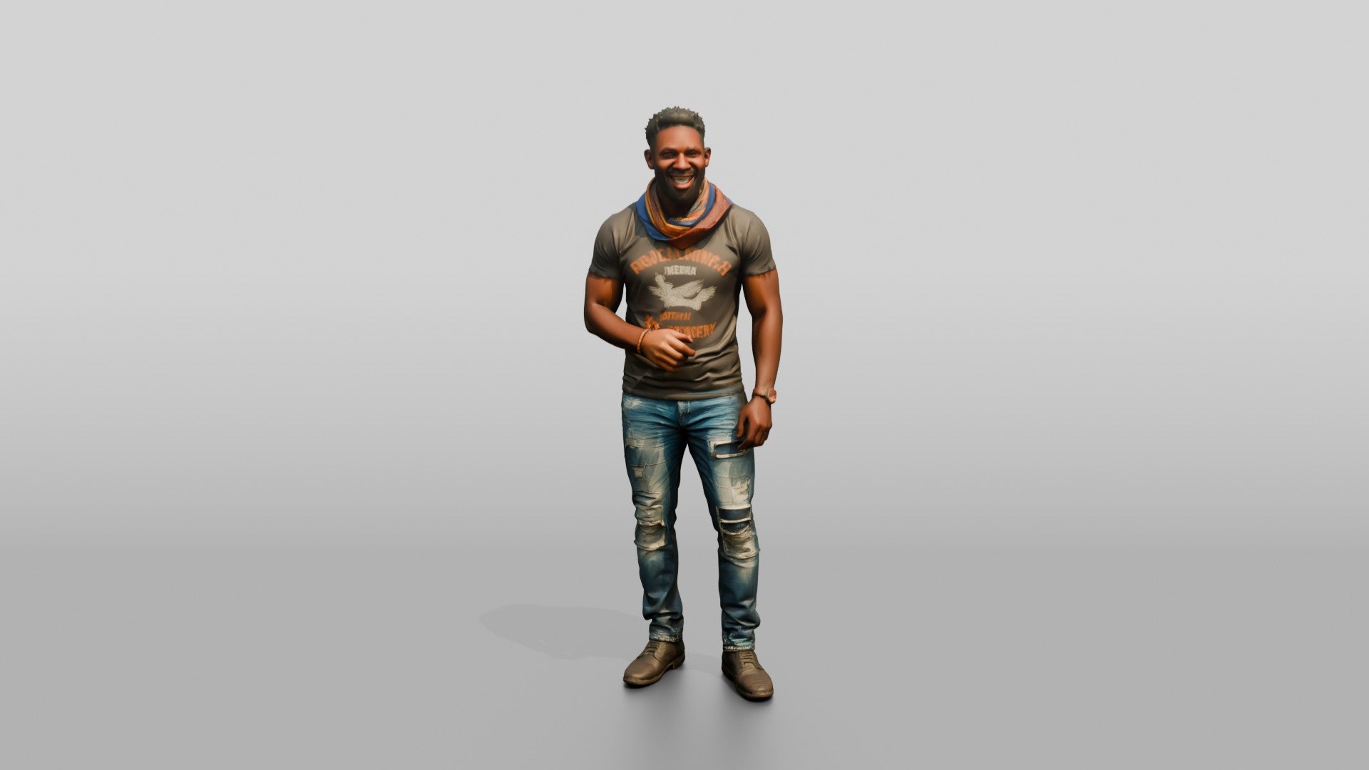 Muscular African Man Laughing in Distressed Jeans