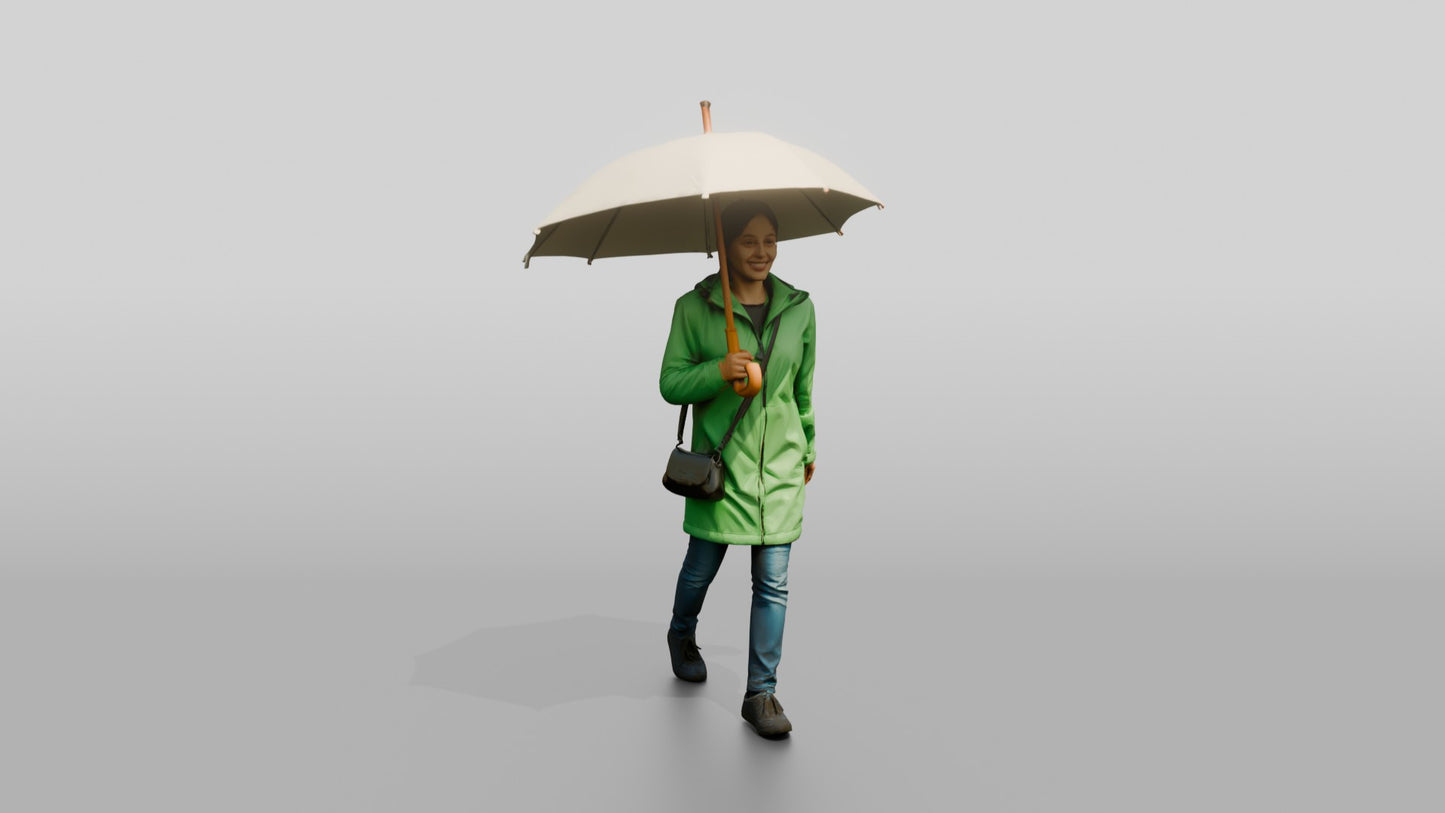 Indian Woman in Green Raincoat with White Umbrella